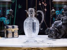 A FINE 19TH CENTURY STERLING SILVER AND CUT GLASS CLARET JUG C.1887, SHEFFIELD