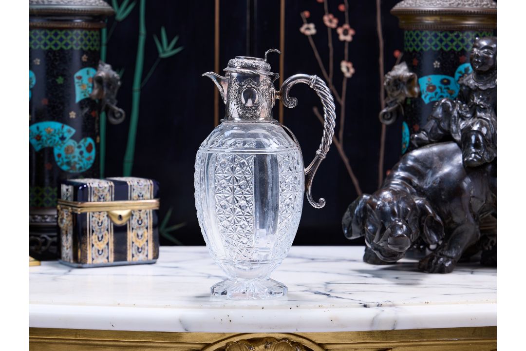 A FINE 19TH CENTURY STERLING SILVER AND CUT GLASS CLARET JUG C.1887, SHEFFIELD - Image 1 of 9