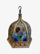 A TIFFANY STYLE LEADED GLASS AND BRONZE HALL LANTERN