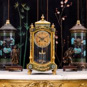 A LATE 19TH CENTURY FRENCH CHAMPLEVE ENAMEL, ONYX AND ORMOLU FOUR GLASS MANTEL CLOCK