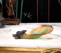 DAUM: A PATE DE VERRE ART GLASS DISH MODELLED WITH A LIZARD AND MOTH