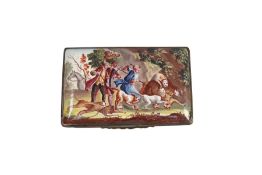 A RARE 18TH CENTURY BILSTON ENAMEL BOX DEPICTING A BEAR HUNT C. 1780