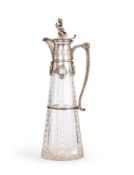 A LATE 19TH CENTURY GERMAN SILVER AND CUT CRYSTAL GLASS WINE DECANTER