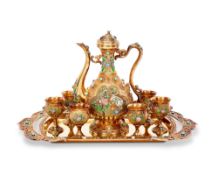 A SOLID SILVER GILT, ENAMEL AND HARDSTONE MOUNTED COFFEE SET, CHINESE FOR THE OTTOMAN MARKET