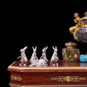 A RARE STERLING SILVER RABBIT CRUET SET, LONDON, C. 1937