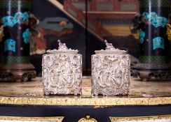 A RARE PAIR OF WILLIAM IV STERLING SILVER CHINOISERIE TEA CADDIES C. 1831, MICHAEL STARKEY