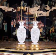 A PAIR OF LATE 19TH CENTURY BOHEMIAN OVERLAY CUT GLASS LAMP BASES