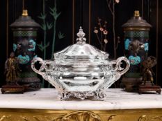 A LARGE MID 19TH CENTURY STERLING SILVER SOUP TUREEN BY R & S GARRARD, C. 1852
