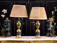 A PAIR OF 19TH CENTURY FRENCH EMPIRE STYLE GILT AND PATINED BRONZE URN LAMPS