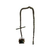 A VICTORIAN STERLING SILVER WATCH CHAIN WITH HARDSTONE FOB