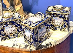AN EXTREMELY RARE SET OF 18TH CENTURY SOUTH STAFFORDSHIRE ENAMEL TEA CADDIES IN BOX C. 1765