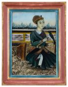 A 19TH CENTURY REVERSE GLASS PAINTING OF A PERSIAN MAN WITH SONG BIRD