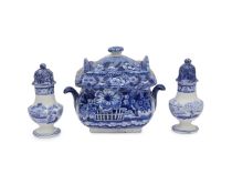 A RARE PAIR OF BLUE AND WHITE TRANSFER WARE CRUETS CIRCA 1820