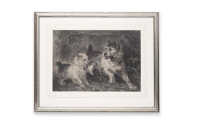 THREE PICTURES: A 19TH CENTURY DRAWING OF TWO TERRIERS TOGETHER WITH TWO MONCHROME PRINTS