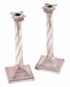 A LARGE PAIR OF 19TH CENTURY STERLING SILVER CORINTHIAN COLUMN CANDLESTICKS