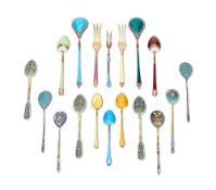 A COLLECTION OF EIGHTEEN SILVER AND ENAMEL SPOONS AND FORKS, RUSSIAN AND EUROPEAN