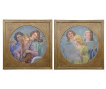 A LARGE PAIR OF 1930'S PAINTINGS OF SINGING CHILDREN