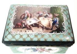A FINE 19TH CENTURY FRENCH ENAMEL SNUFF BOX WITH BOUDOIR SCENE C. 1850