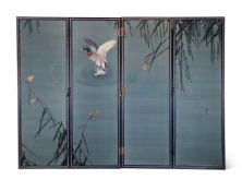 A JAPANESE MEIJI PERIOD EMBROIDERED SILK FOUR PANEL SCREEN