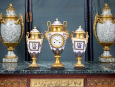 A RARE FRENCH EMPIRE PERIOD PARIS PORCELAIN CLOCK GARNITURE C. 1800