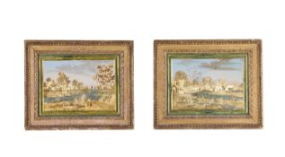 THOMAS COMPIGNE (ATTR. TO): A PAIR OF 18TH CENTURY GILT AND PAINTED GLASS LANDSCAPES