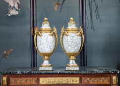 A FINE PAIR OF 19TH CENTURY FRENCH MARBLE AND ORMOLU MOUNTED URNS AND COVERS
