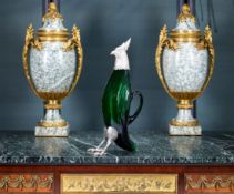 A SPANISH SILVER AND GREEN GLASS WINE DECANTER FORMED AS BIRD, MARK OF DIONÍSIO GARCÍA, MADRID