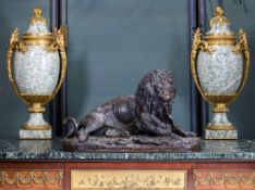 CHRISTOPHE FRATIN (FRENCH, 1800-1864): A LARGE 19TH CENTURY BRONZE MODEL OF A LION AND CROCODILE