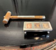 A VICTORIAN STERLING SILVER TRIPLE STAMP HOLDER WITH A GAVEL