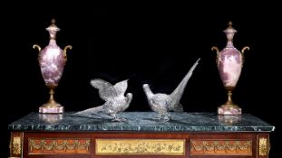 A LARGE PAIR OF AMERICAN STERLING SILVER MODELS OF PHEASANTS C. 1926, MARSHALL FIELD & CO.