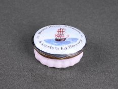AN EARLY 19TH CENTURY BILSTON ENAMEL NELSON PATCH BOX WITH ORIGINAL MIRROR
