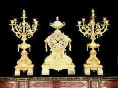 A LARGE LATE 19TH CENTURY FRENCH GILT BRONZE CLOCK GARNITURE