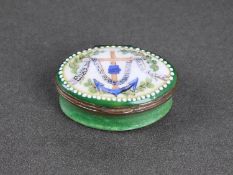 AN EARLY 19TH CENTURY BILSTON ENAMEL PATCH BOX WITH ORIGINAL MIRROR