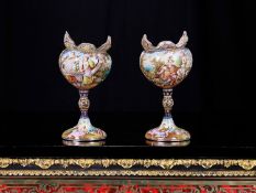 A LARGE PAIR OF 19TH CENTURY VIENNESE VIENNESE ENAMEL PEDESTAL CUPS