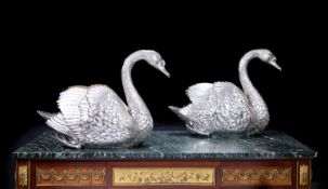 A MASSIVE PAIR OF STERLING SILVER SWANS, GERMAN, C. 1900, B. NERESHEIMER, 275 OZ.