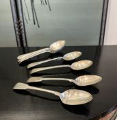 TWO GEORGE III STERLING SILVER SPOONS AND SIX OTHERS