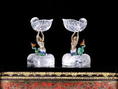 A LARGE PAIR OF ROCK CRYSTAL, SILVER GILT AND ENAMELLED TAZZAS, VIENNESE