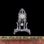AN IMPRESSIVE 19TH CENTURY VIENNESE SILVER, ENAMEL, GEM SET AND LAPIS MOUNTED CLOCK