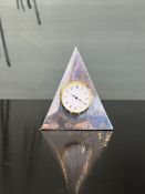 A STERLING SILVER CLOCK OF PYRAMIDAL FORM