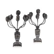 A FINE AND RARE PAIR OF SOLID SILVER CHINESE EXPORT CANDELABRAS C. 1900