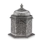 A 19TH CENTURY INDIAN KUTCH SOLID SILVER TEMPLE SHAPED TEA CADDY C. 1880