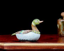 A CHINESE SILVER, ENAMEL AND HARD STONE MOUNTED MODEL OF A DUCK