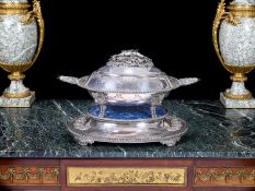 AN IMPRESSIVE ITALIAN SOLID SILVER AND LAPIS LAZULI TUREEN AND STAND BY STEFANI BOLOGNA