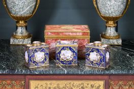AN EXTREMELY RARE SET OF 18TH CENTURY SOUTH STAFFORDSHIRE ENAMEL TEA CADDIES IN BOX C. 1765