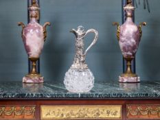 A FINE MID 19TH CENTURY STERLING SILVER AND CUT GLASS CLARET JUG C. 1860