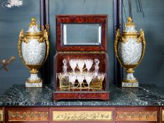 A 19TH CENTURY FRENCH BURR WALNUT, ORMOLU AND CUT GLASS LIQUER SET