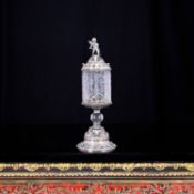 AN EXCEPTIONAL 19TH CENTURY ROCK CRYSTAL, SILVER AND ENAMEL LIDDED GOBLET
