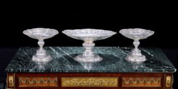 A SET OF THREE 19TH CENTURY STERLING SILVER COMPORTS, LONDON, 1887