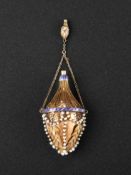 AN EARLY 19TH CENTURY FRENCH GOLD, ENAMEL AND PEARL MOUNTED SCENT BOTTLE