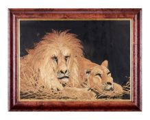 A JAPANESE MEIJI PERIOD SILKWORK PICTURE OF A LION AND LIONESS